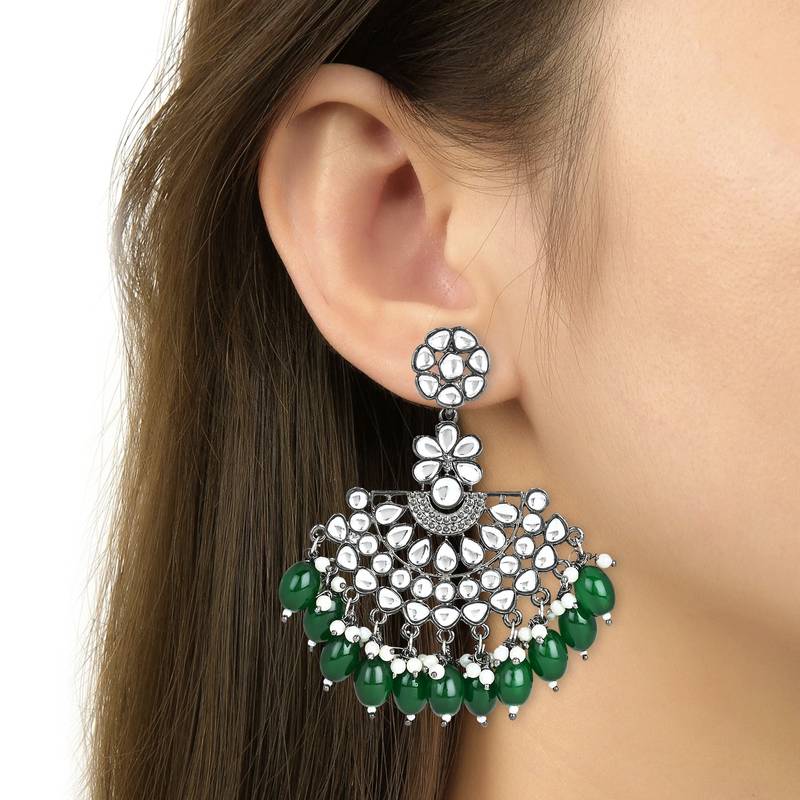 Navratri Ethnic Stylish Silver Oxidised Kundan Pearl Chandbali Earrings For Women And Girls 
