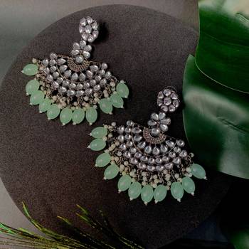 Navratri Ethnic Stylish Silver Oxidised Kundan Pearl Chandbali Earrings For Women And Girls  1