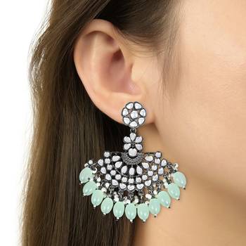 Navratri Ethnic Stylish Silver Oxidised Kundan Pearl Chandbali Earrings For Women And Girls  2
