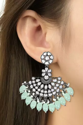 Navratri Ethnic Stylish Silver Oxidised Kundan Pearl Chandbali Earrings For Women And Girls 