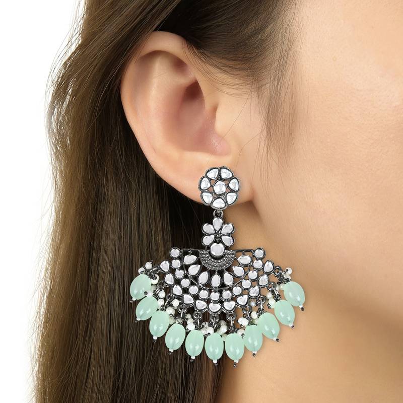 Navratri Ethnic Stylish Silver Oxidised Kundan Pearl Chandbali Earrings For Women And Girls 