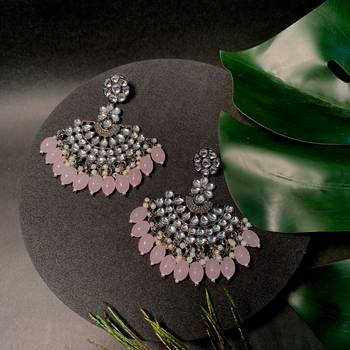 Navratri Ethnic Stylish Silver Oxidised Kundan Pearl Chandbali Earrings For Women And Girls  1
