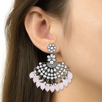Navratri Ethnic Stylish Silver Oxidised Kundan Pearl Chandbali Earrings For Women And Girls  2