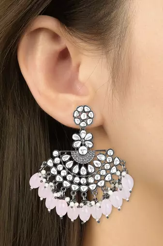 Navratri Ethnic Stylish Silver Oxidised Kundan Pearl Chandbali Earrings For Women And Girls 