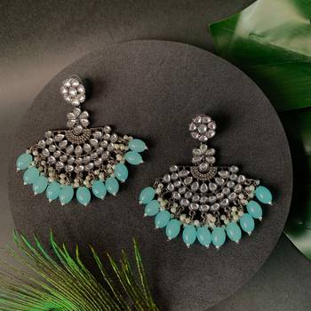 Navratri Ethnic Stylish Silver Oxidised Kundan Pearl Chandbali Earrings For Women And Girls  1