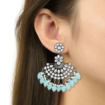 Navratri Ethnic Stylish Silver Oxidised Kundan Pearl Chandbali Earrings For Women And Girls  2