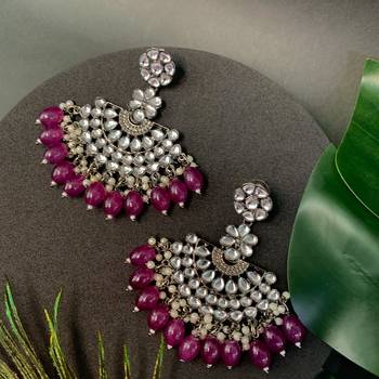 Navratri Ethnic Stylish Silver Oxidised Kundan Pearl Chandbali Earrings For Women And Girls  1
