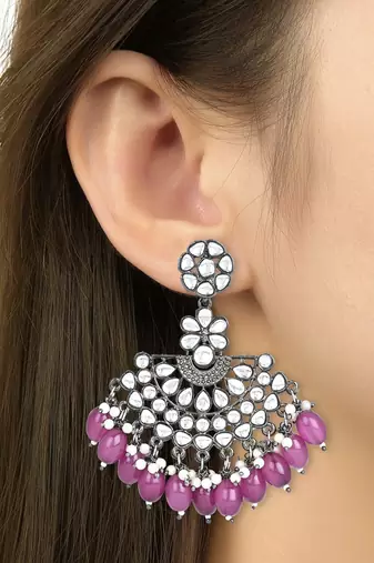 Navratri Ethnic Stylish Silver Oxidised Kundan Pearl Chandbali Earrings For Women And Girls 
