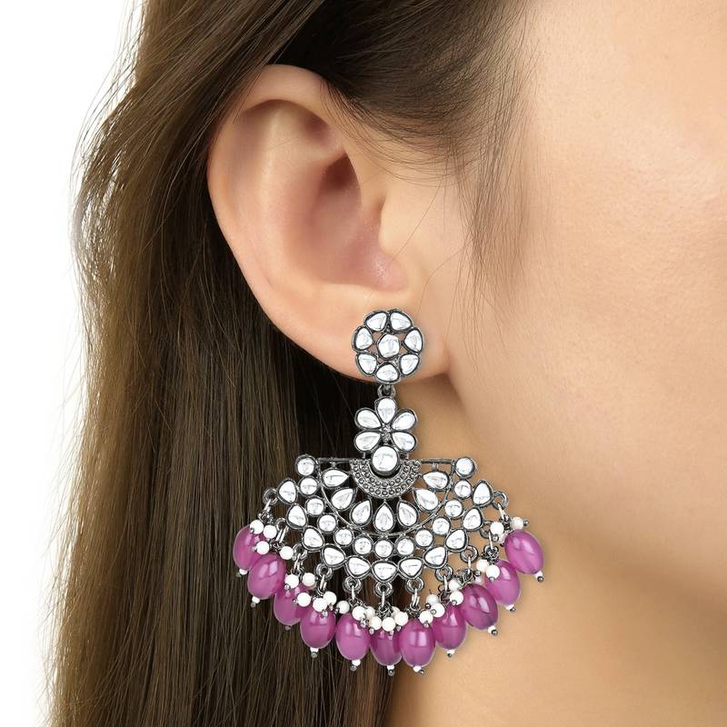 Navratri Ethnic Stylish Silver Oxidised Kundan Pearl Chandbali Earrings For Women And Girls 