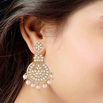 Traditional Beaded Chandbali Earrings Glided with Kundans and Pearls For Women/Girls  3