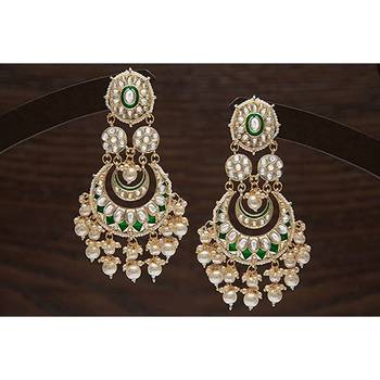 Intricately Designed Traditional Green Meenakari Earrings Glided With Kundans & Pearls  1