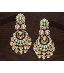 Intricately Designed Traditional Green Meenakari Earrings Glided With Kundans & Pearls 