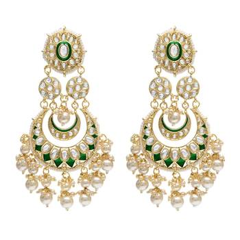 Intricately Designed Traditional Green Meenakari Earrings Glided With Kundans & Pearls  2