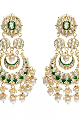 Intricately Designed Traditional Green Meenakari Earrings Glided With Kundans & Pearls 