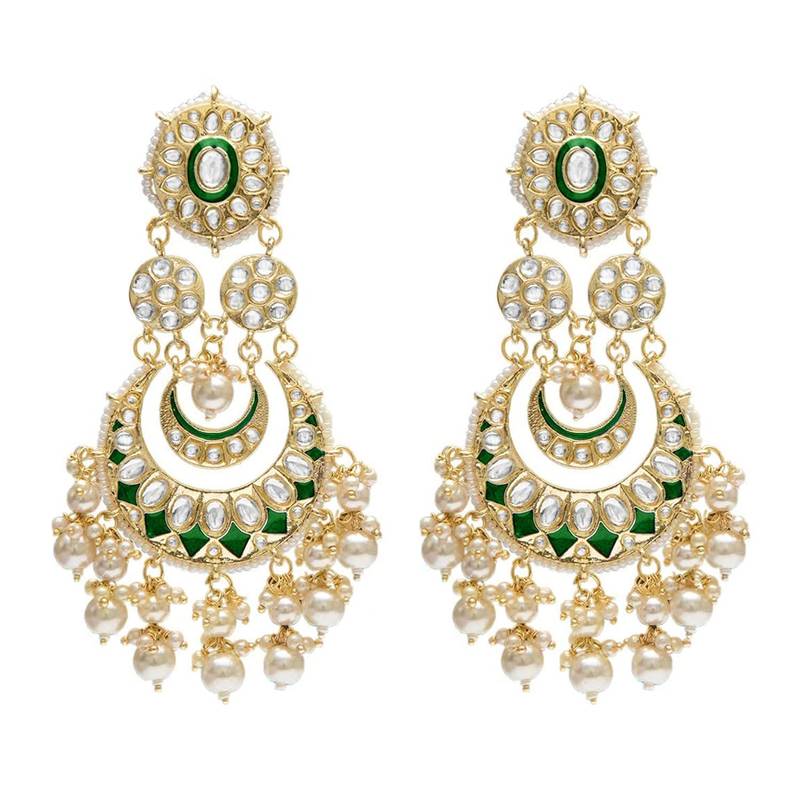 Intricately Designed Traditional Green Meenakari Earrings Glided With Kundans & Pearls 