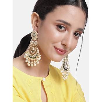 Intricately Designed Traditional Green Meenakari Earrings Glided With Kundans & Pearls  3