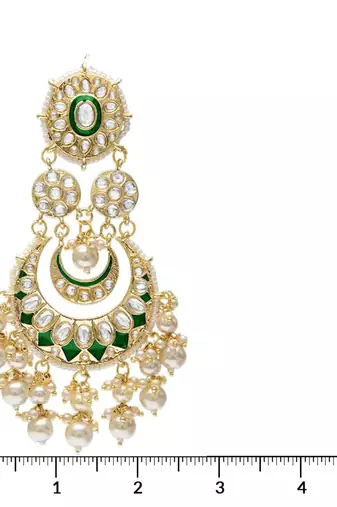 Intricately Designed Traditional Green Meenakari Earrings Glided With Kundans & Pearls 