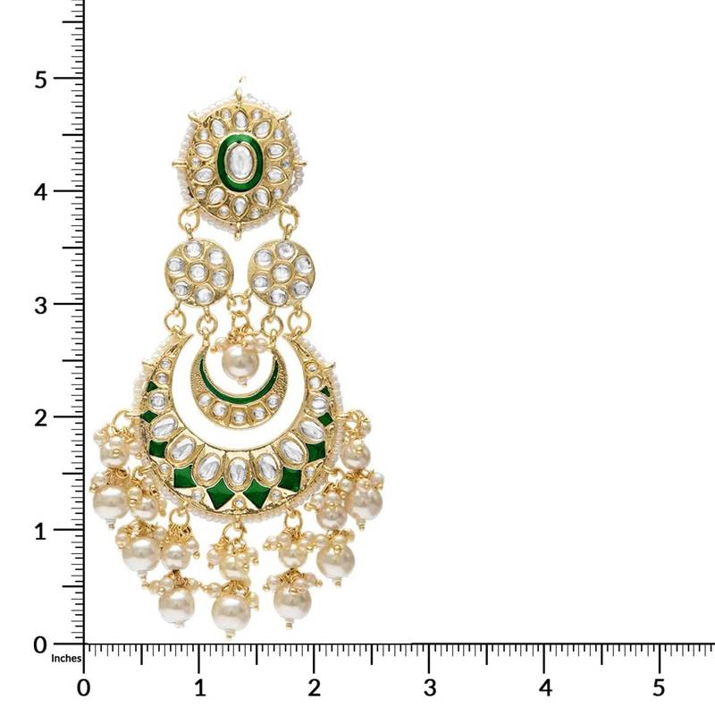 Intricately Designed Traditional Green Meenakari Earrings Glided With Kundans & Pearls 