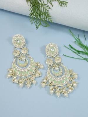 Intricately Designed Traditional Mint Meenakari Earrings Glided With Kundans & Pearls  1