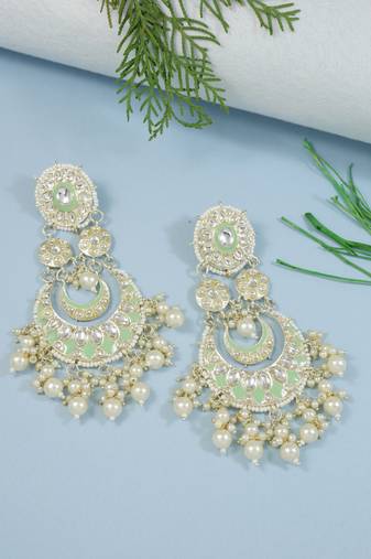 Intricately Designed Traditional Mint Meenakari Earrings Glided With Kundans & Pearls 