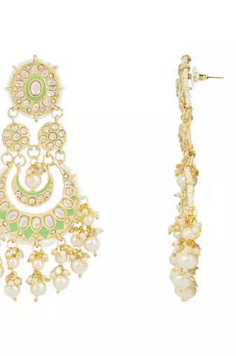 Intricately Designed Traditional Mint Meenakari Earrings Glided With Kundans & Pearls 