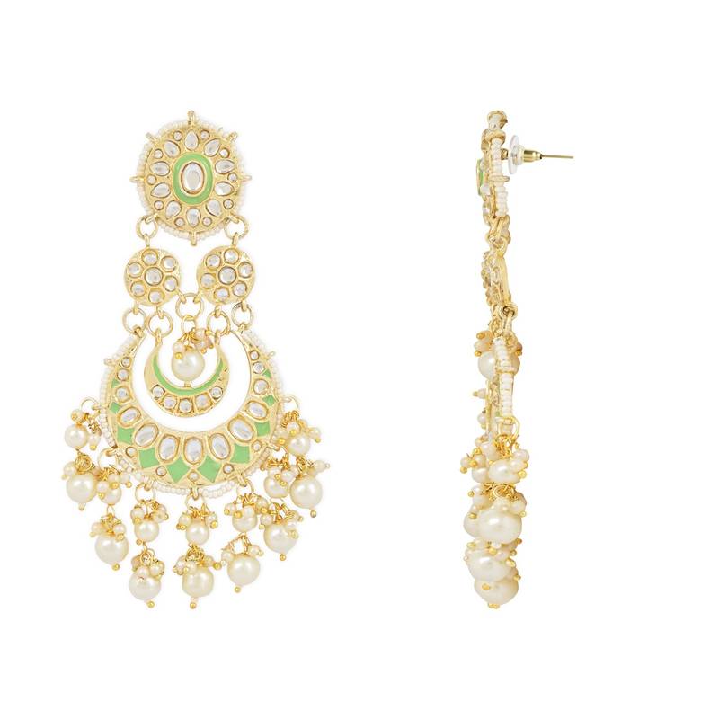 Intricately Designed Traditional Mint Meenakari Earrings Glided With Kundans & Pearls 