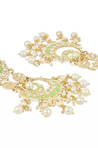 Intricately Designed Traditional Mint Meenakari Earrings Glided With Kundans & Pearls 