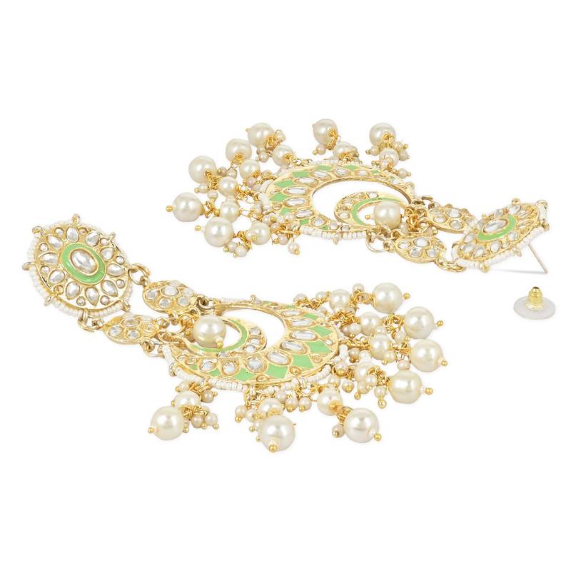 Intricately Designed Traditional Mint Meenakari Earrings Glided With Kundans & Pearls 