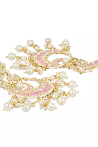 Intricately Designed Traditional Mint Meenakari Earrings Glided With Kundans & Pearls 
