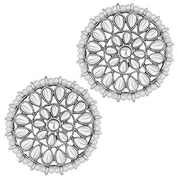 Navratri Ethnic Silver Plated Kundan Pearl Round Earring Traditional Jewellery for Women Girls  1
