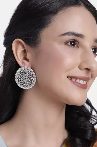 Navratri Ethnic Silver Plated Kundan Pearl Round Earring Traditional Jewellery for Women Girls 