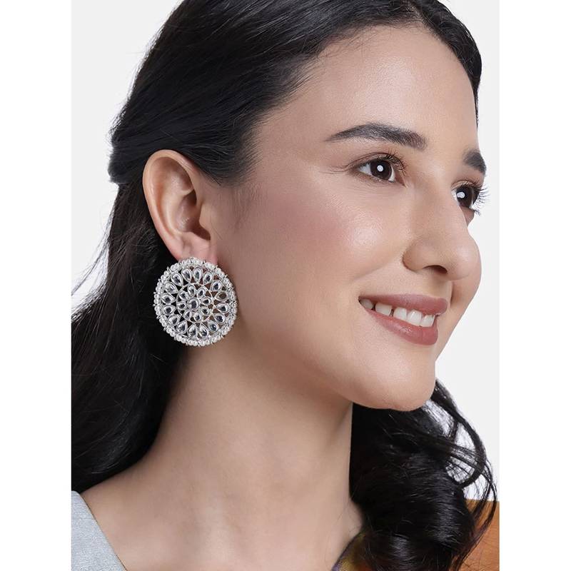 Navratri Ethnic Silver Plated Kundan Pearl Round Earring Traditional Jewellery for Women Girls 
