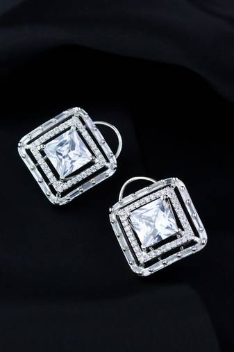 Silver Plated Glittering Crystal AD Stone Studs Earrings for Women & Girls 