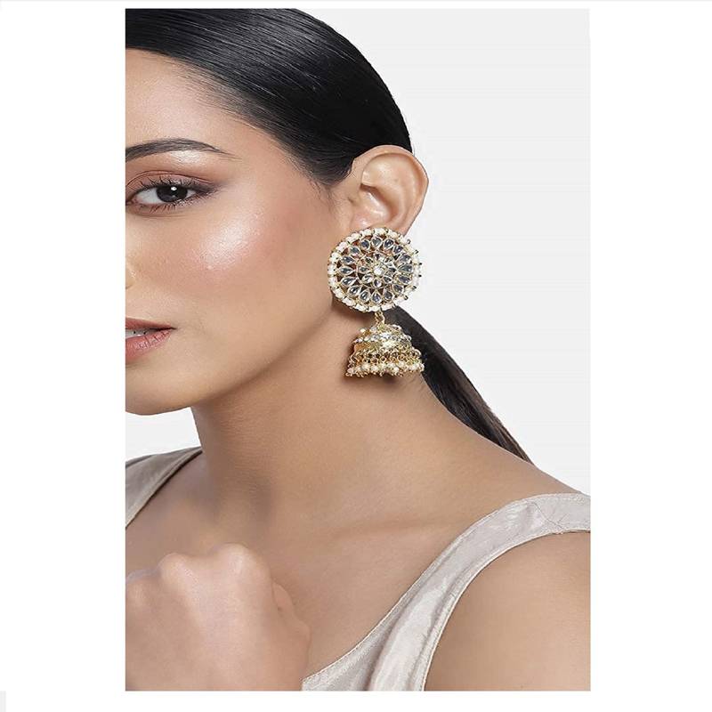 Traditional Gold Plated With Stunning Antique Finish Kundan & Pearl Jhumka Earrings for Women/Girls 