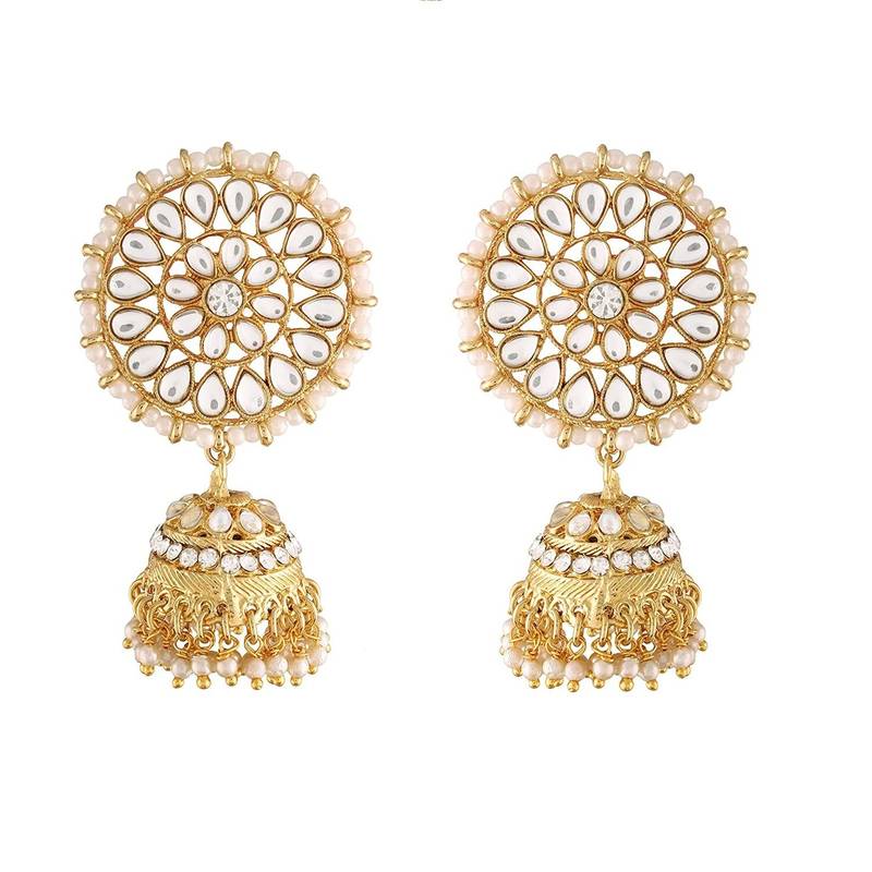 Traditional Gold Plated With Stunning Antique Finish Kundan & Pearl Jhumka Earrings for Women/Girls 
