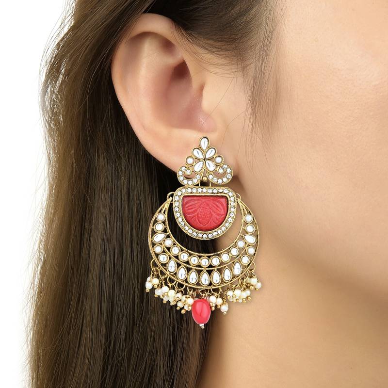 Traditional Pearl Kundan Stone Studded Chandbali Earring For Women/Girls 