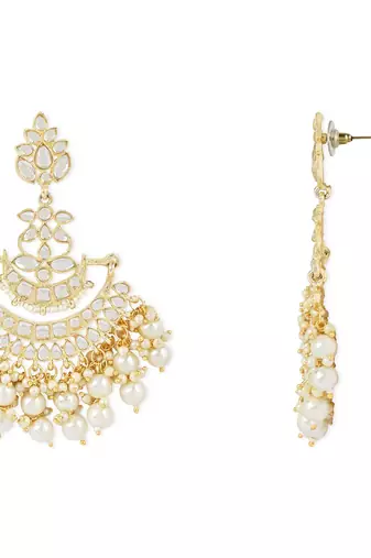 Traditional Gold Plated White Kundan Pearl Drop Chandbali Earring For Women/Girls 