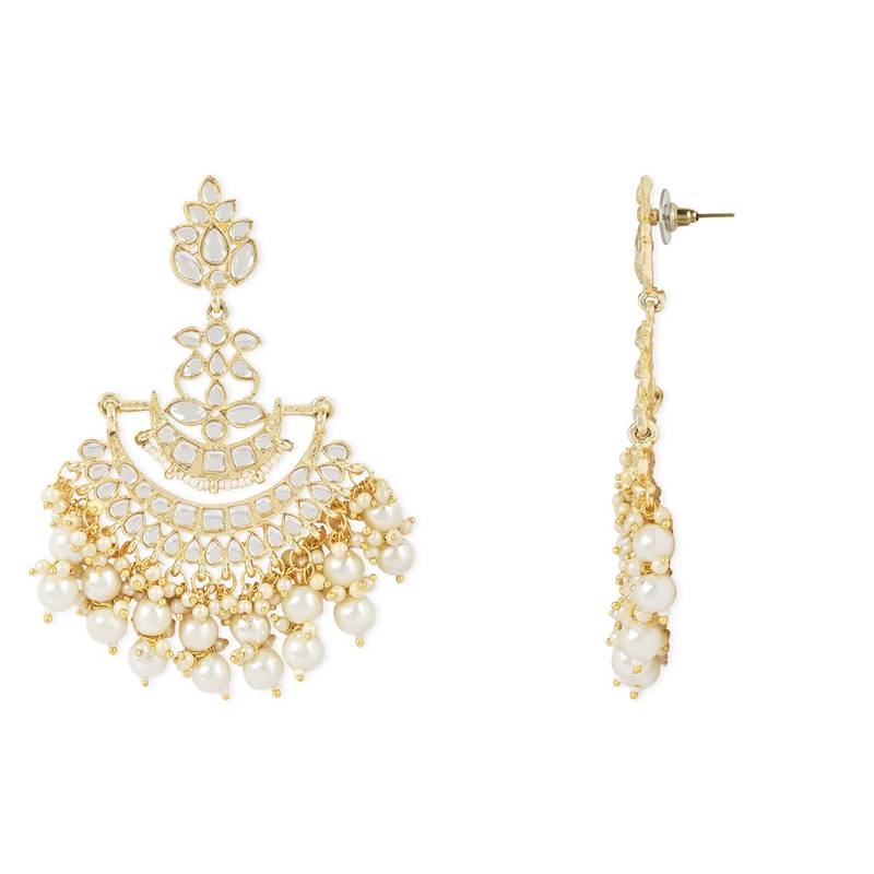 Traditional Gold Plated White Kundan Pearl Drop Chandbali Earring For Women/Girls 