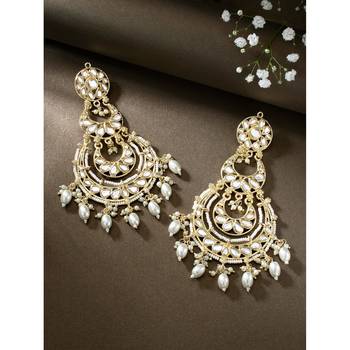 Gold Plated Traditional White Kundan Studded Pearl Handcrafted Dangle Chandbali Earrings 1