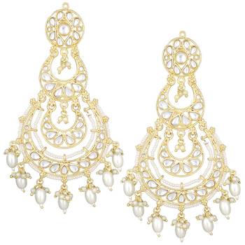 Gold Plated Traditional White Kundan Studded Pearl Handcrafted Dangle Chandbali Earrings 2