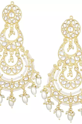 Gold Plated Traditional White Kundan Studded Pearl Handcrafted Dangle Chandbali Earrings