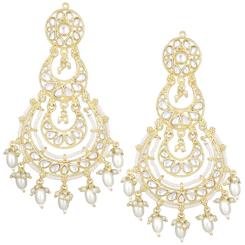 Gold Plated Traditional White Kundan Studded Pearl Handcrafted Dangle Chandbali Earrings