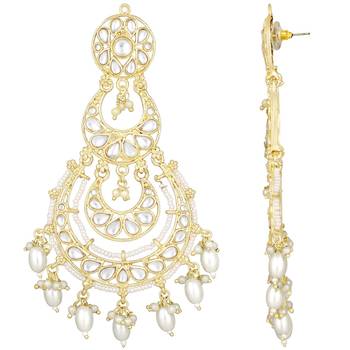 Gold Plated Traditional White Kundan Studded Pearl Handcrafted Dangle Chandbali Earrings 3