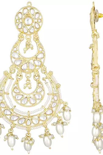 Gold Plated Traditional White Kundan Studded Pearl Handcrafted Dangle Chandbali Earrings