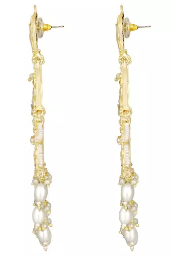 Gold Plated Traditional White Kundan Studded Pearl Handcrafted Dangle Chandbali Earrings