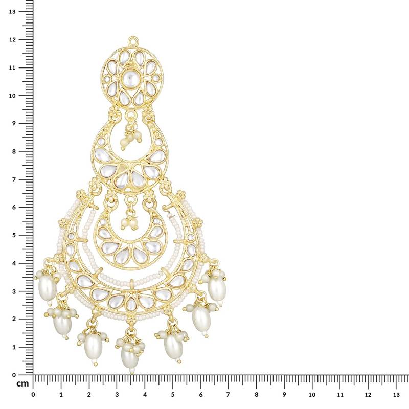 Gold Plated Traditional White Kundan Studded Pearl Handcrafted Dangle Chandbali Earrings