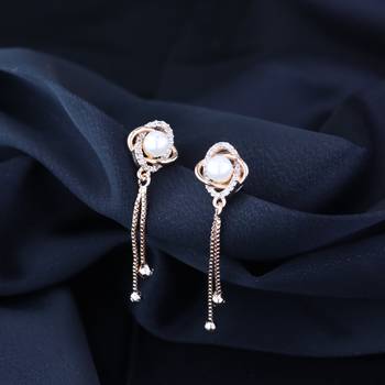 Sparkling Rose Gold Plated Floral Shape Stud CZ American Diamond Pearl Studed Tassel Drop Fashionable Earrings 1