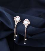 Sparkling Rose Gold Plated Floral Shape Stud CZ American Diamond Pearl Studed Tassel Drop Fashionable Earrings