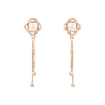 Sparkling Rose Gold Plated Floral Shape Stud CZ American Diamond Pearl Studed Tassel Drop Fashionable Earrings 2