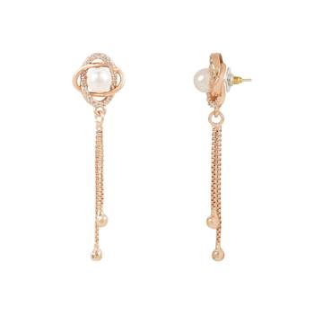Sparkling Rose Gold Plated Floral Shape Stud CZ American Diamond Pearl Studed Tassel Drop Fashionable Earrings 3